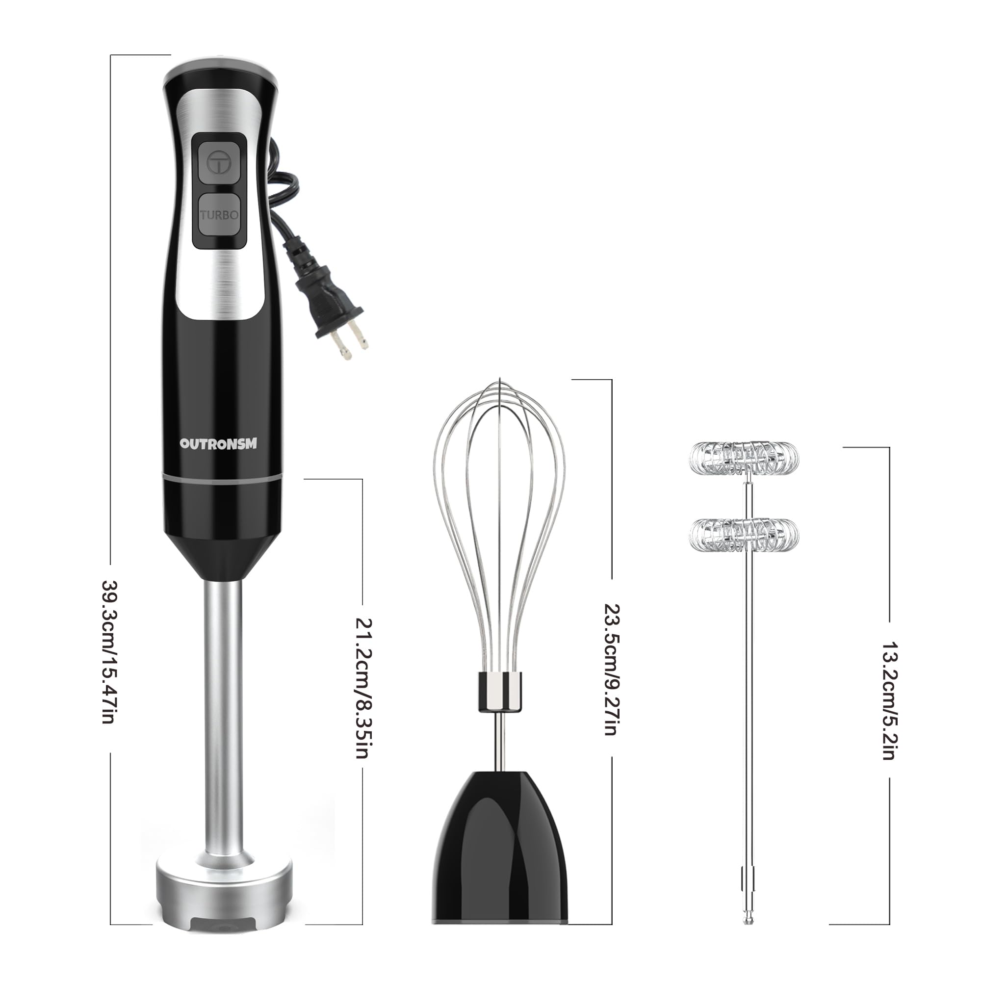 Immersion Blender Handheld, OUTRONSM Hand Blender with 4-point thickened SS blades, Milk Frother, Egg Whisk for Coffee Milk Foam, Puree Baby Food, Smoothies, Sauces and Soups – Black