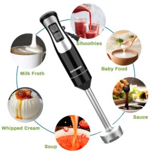 Immersion Blender Handheld, OUTRONSM Hand Blender with 4-point thickened SS blades, Milk Frother, Egg Whisk for Coffee Milk Foam, Puree Baby Food, Smoothies, Sauces and Soups – Black