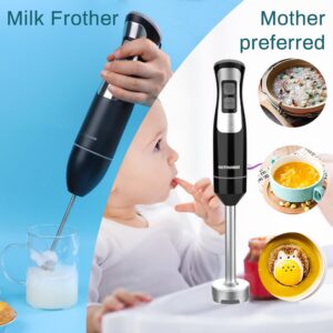 Immersion Blender Handheld, OUTRONSM Hand Blender with 4-point thickened SS blades, Milk Frother, Egg Whisk for Coffee Milk Foam, Puree Baby Food, Smoothies, Sauces and Soups – Black