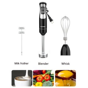 Immersion Blender Handheld, OUTRONSM Hand Blender with 4-point thickened SS blades, Milk Frother, Egg Whisk for Coffee Milk Foam, Puree Baby Food, Smoothies, Sauces and Soups – Black