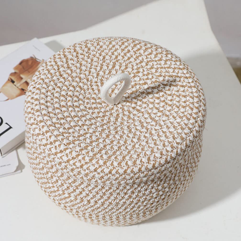 Zerodeko Cotton Rope Basket with Lid Round Woven Basket Decorative Storage Bin Organizer Box Lidded Baskets Egg Holder Jewelry Box Cosmetic Holder for