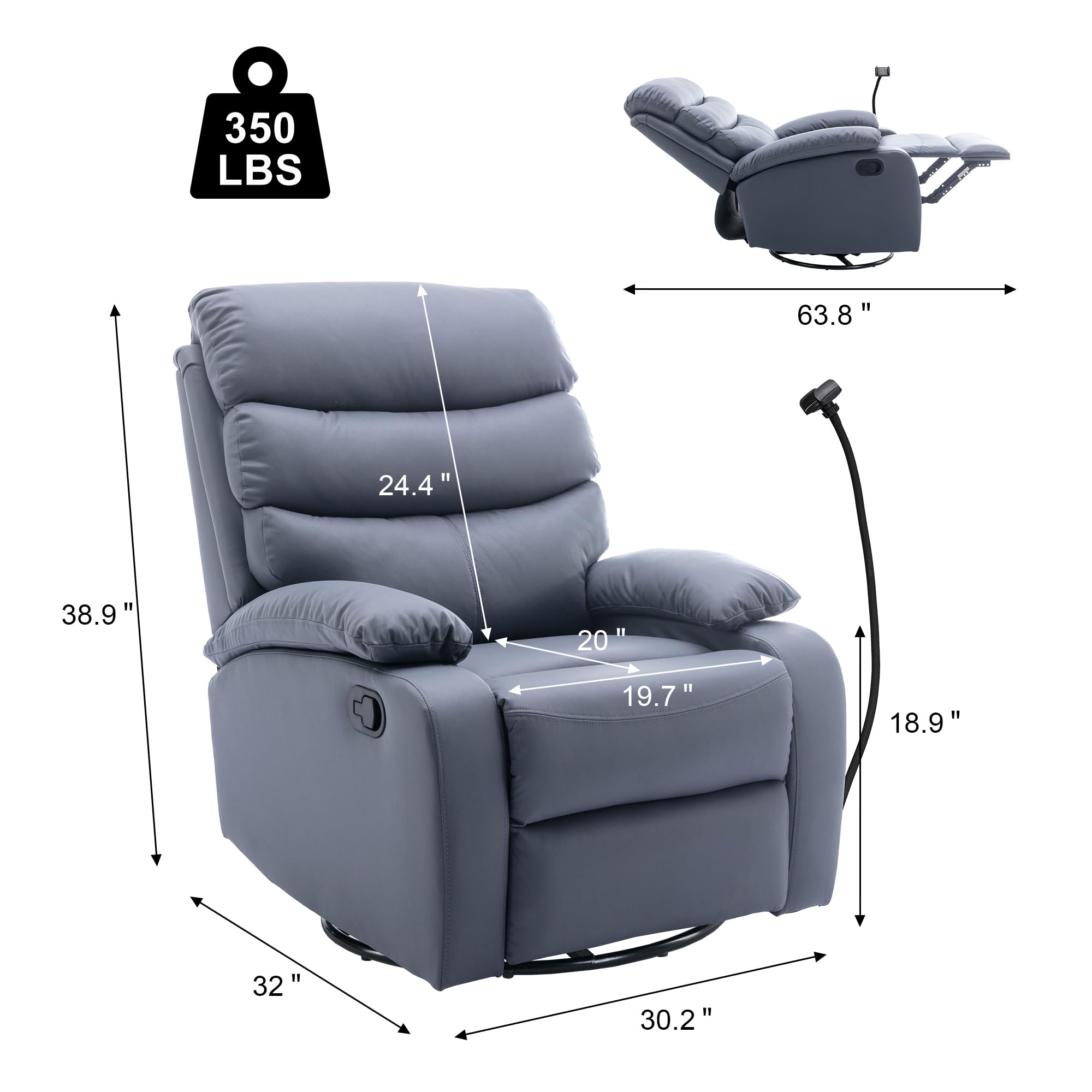 GNMLP2020 Swivel Rocker Recliner Chair for Adults, Rocking Recliner Chair, Manual Small Recliners for Small Spaces, Living Room, Nursery, RV, Dark Grey