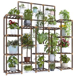 enhomee 63''h upgrade plant stand indoor tall plant stands outdoor with 7 tiers and 14 potted wood plant shelves stand load-bearing 600 lbs, multiple plant stand for garden balcony 11.8''x56''x63''