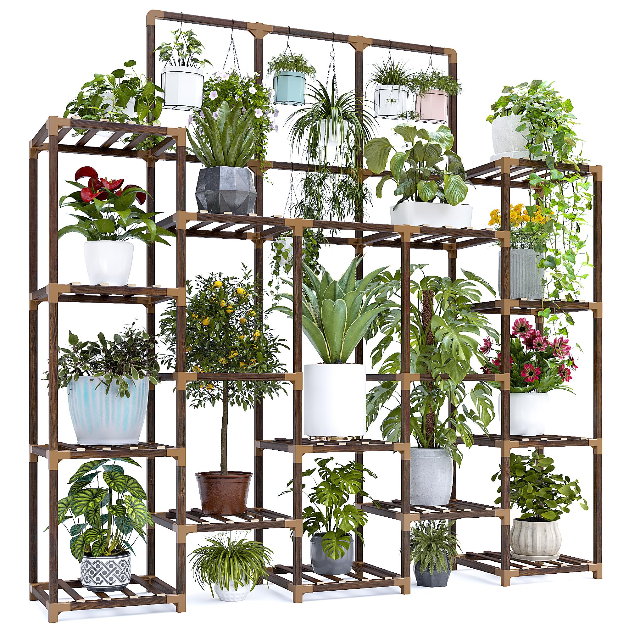 EnHomee 63''H Upgrade Plant Stand Indoor Tall Plant Stands Outdoor with 7 Tiers and 14 Potted Wood Plant Shelves Stand Load-Bearing 600 LBS, Multiple Plant Stand for Garden Balcony 11.8''x56''x63''