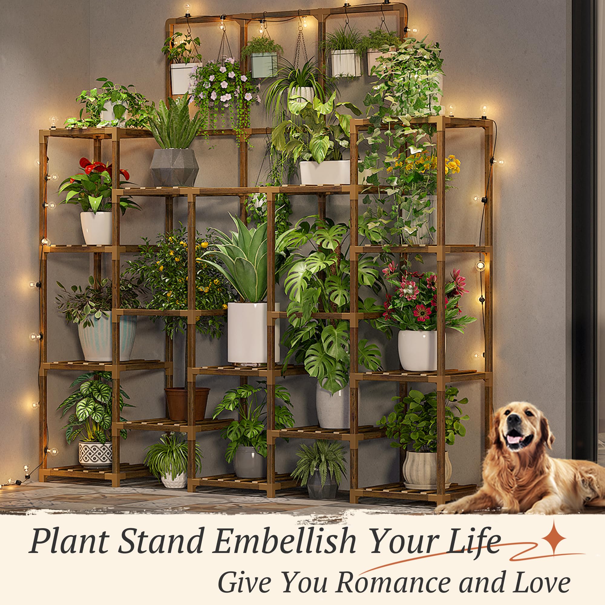 EnHomee 63''H Upgrade Plant Stand Indoor Tall Plant Stands Outdoor with 7 Tiers and 14 Potted Wood Plant Shelves Stand Load-Bearing 600 LBS, Multiple Plant Stand for Garden Balcony 11.8''x56''x63''