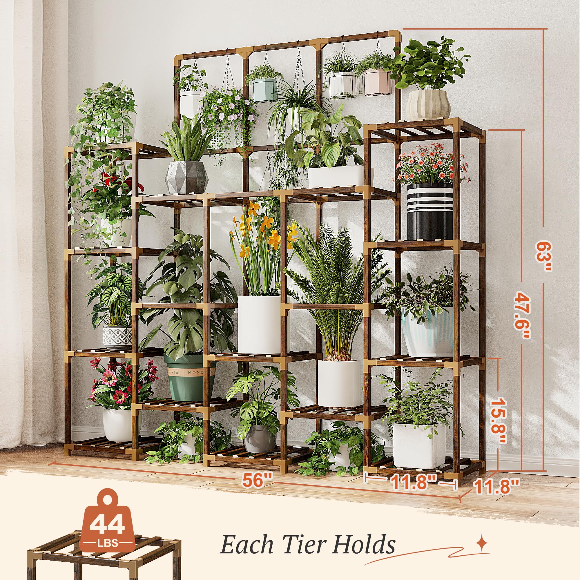 EnHomee 63''H Upgrade Plant Stand Indoor Tall Plant Stands Outdoor with 7 Tiers and 14 Potted Wood Plant Shelves Stand Load-Bearing 600 LBS, Multiple Plant Stand for Garden Balcony 11.8''x56''x63''