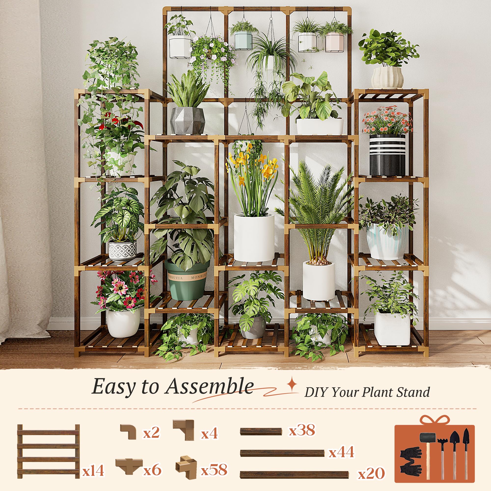 EnHomee 63''H Upgrade Plant Stand Indoor Tall Plant Stands Outdoor with 7 Tiers and 14 Potted Wood Plant Shelves Stand Load-Bearing 600 LBS, Multiple Plant Stand for Garden Balcony 11.8''x56''x63''