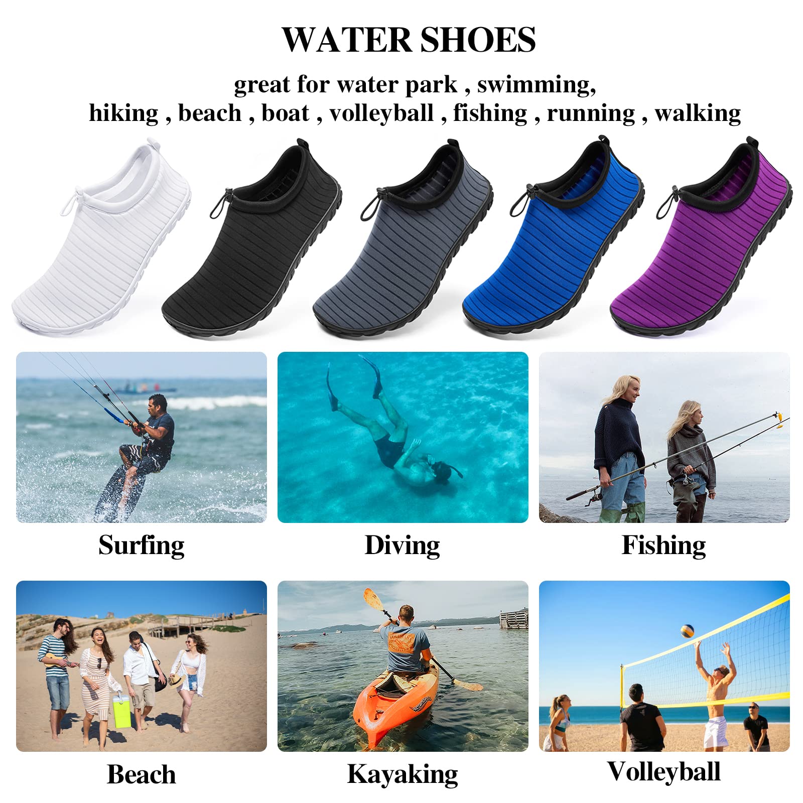 Racqua Men's Women's Water Shoes Swim Shoes Quick Dry Lightweight Barefoot Aqua Shoes Beach Pool Surfing Diving Fishing Sport Shoes Black 9.5W/8.5M