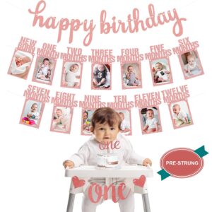 1st birthday baby photo banner, happy birthday banner 17pcs first birthday decorations for girl newborn to 12 months, first birthday photo banner garland bunting with one cake topper, rose gold