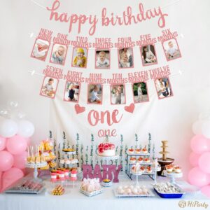 1st Birthday Baby Photo Banner, Happy Birthday Banner 17pcs First Birthday Decorations for Girl Newborn to 12 Months, First Birthday Photo Banner Garland Bunting with ONE Cake Topper, Rose Gold
