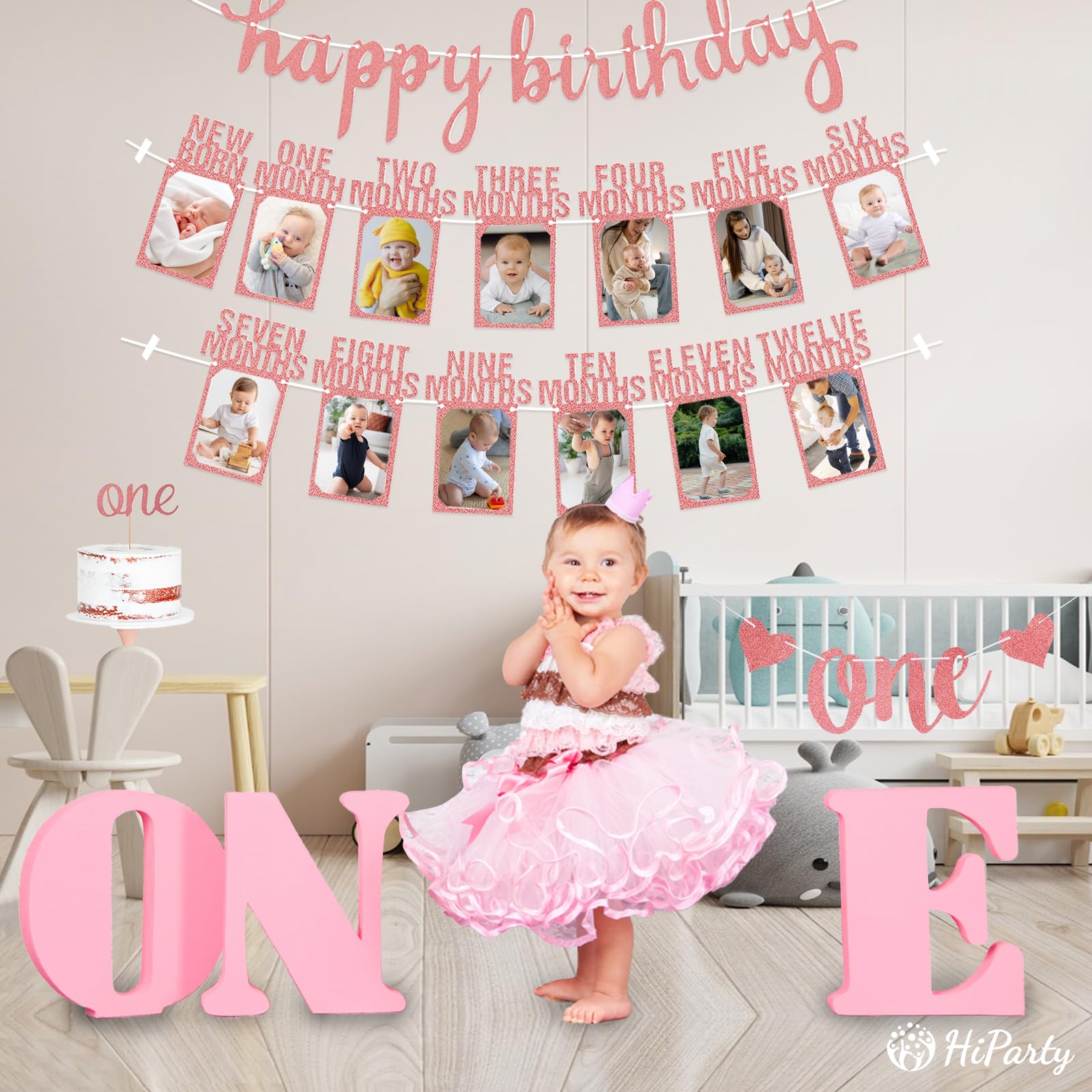 1st Birthday Baby Photo Banner, Happy Birthday Banner 17pcs First Birthday Decorations for Girl Newborn to 12 Months, First Birthday Photo Banner Garland Bunting with ONE Cake Topper, Rose Gold