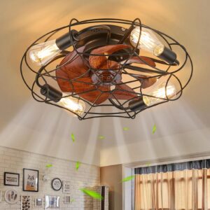 NERONDA 19.7" Caged Ceiling Fan with Light and Remote,Flush Mount Bladeless Ceiling Fan, Low Profile Caged Ceiling Fan,Small Industrial Black Ceiling Light Fixture,Reversible