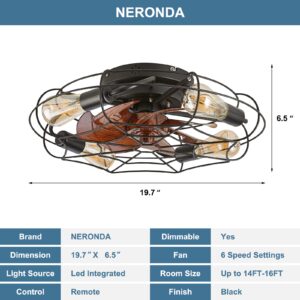 NERONDA 19.7" Caged Ceiling Fan with Light and Remote,Flush Mount Bladeless Ceiling Fan, Low Profile Caged Ceiling Fan,Small Industrial Black Ceiling Light Fixture,Reversible