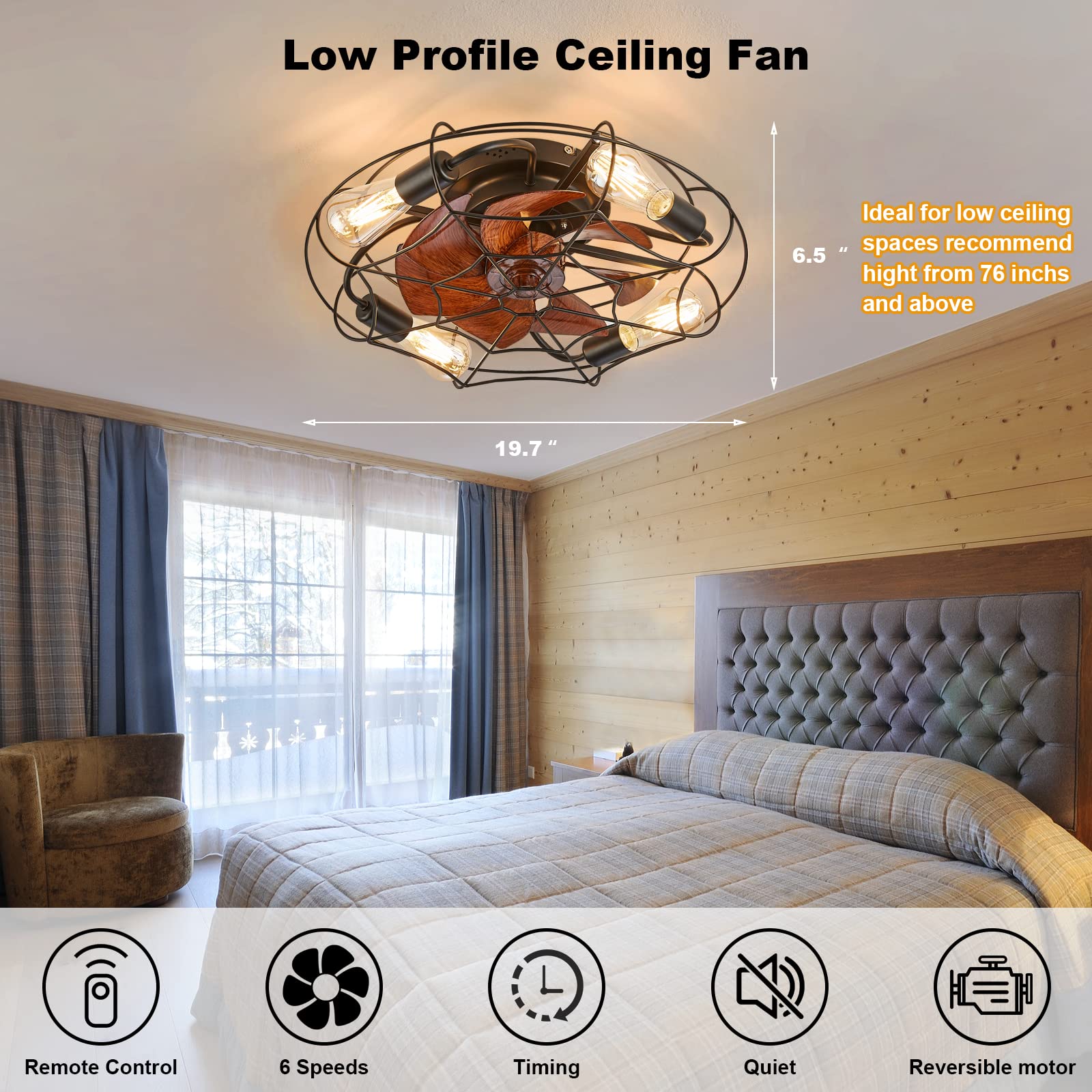 NERONDA 19.7" Caged Ceiling Fan with Light and Remote,Flush Mount Bladeless Ceiling Fan, Low Profile Caged Ceiling Fan,Small Industrial Black Ceiling Light Fixture,Reversible