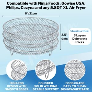 Air Fryer Accessories - Three Stackable Dehydrator Racks for Ninja, Instant Pot Vortex, COSORI, CHEFMAN, Gowise, Ultrean, Gourmia - 304 Stainless Steel Grill Rack Fits 4.2-5.8 QT Air Fryer, Oven