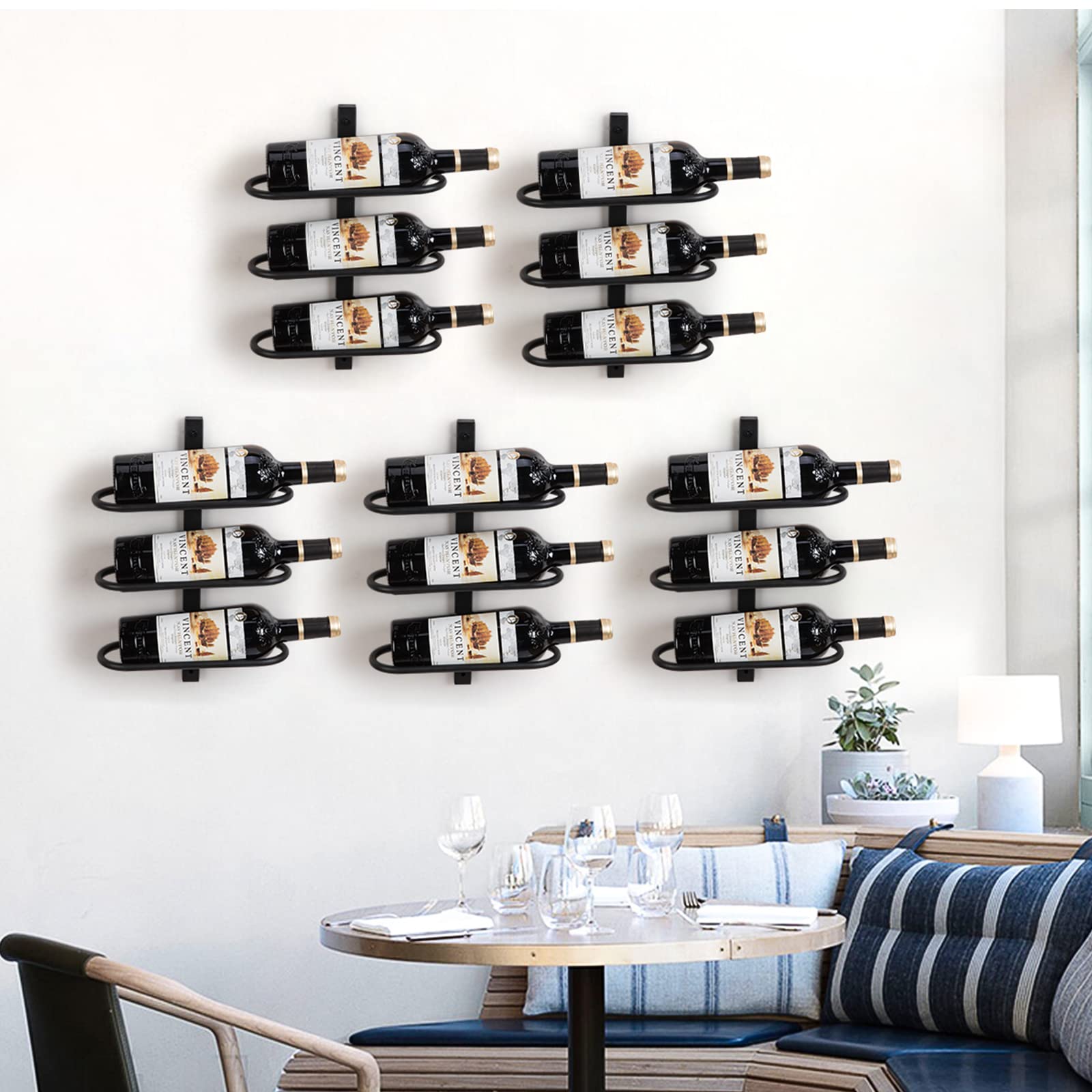 ODSNANIE Metal Wine Rack Wall Mounted, Wine Bottle Holder for 6 Bottles, 2 Packs Wall Wine Rack Shelf, Wine Storage, Black