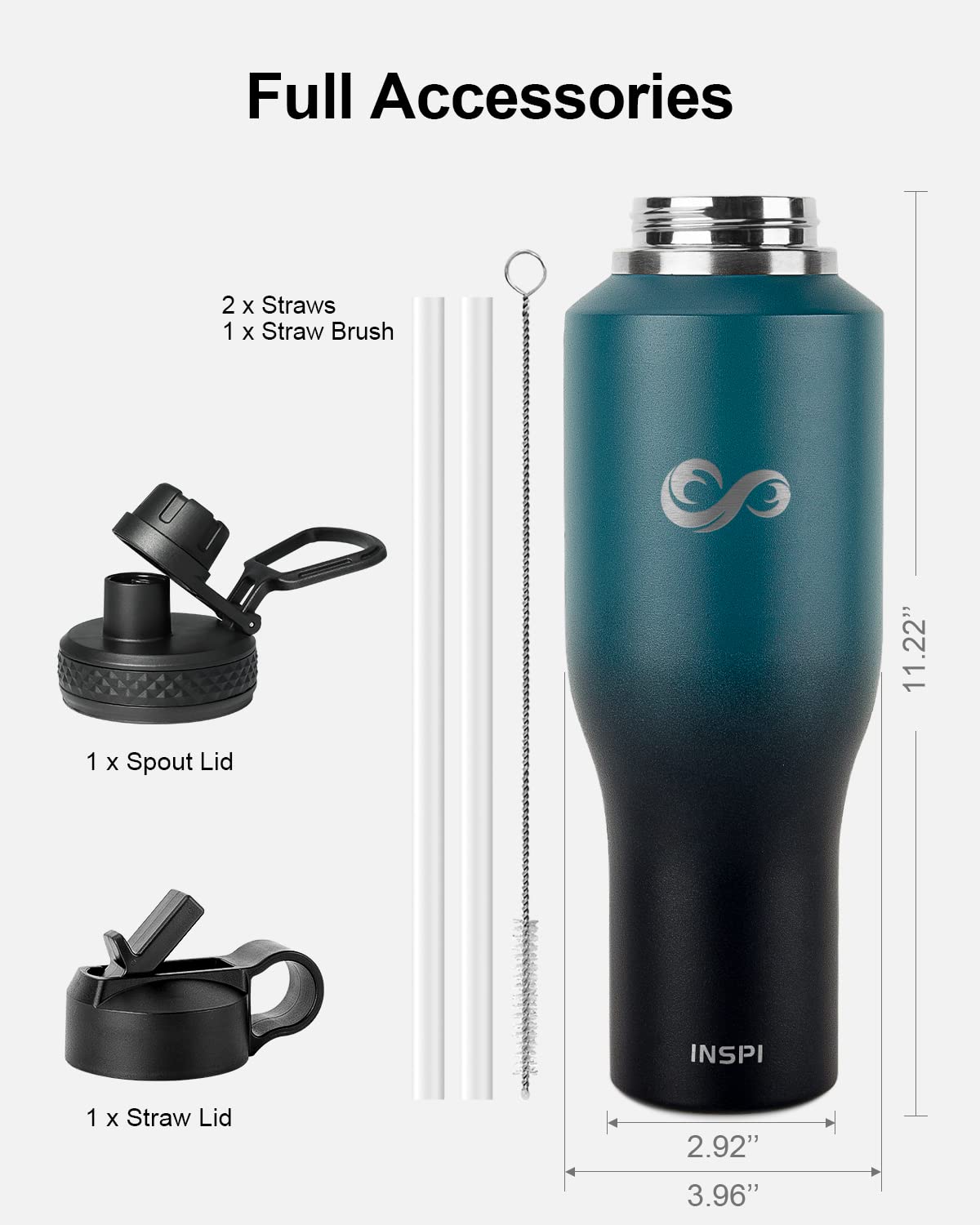 INSPI 40oz Insulated Water Bottle Fits in Car Cup Holders, Stainless Steel Water Bottle Tumbler with Straw Spout Lid & Stickers, Double Wall Travel Flask Keep Cold for 24 Hrs, Hot for 12 Hrs, Indigo