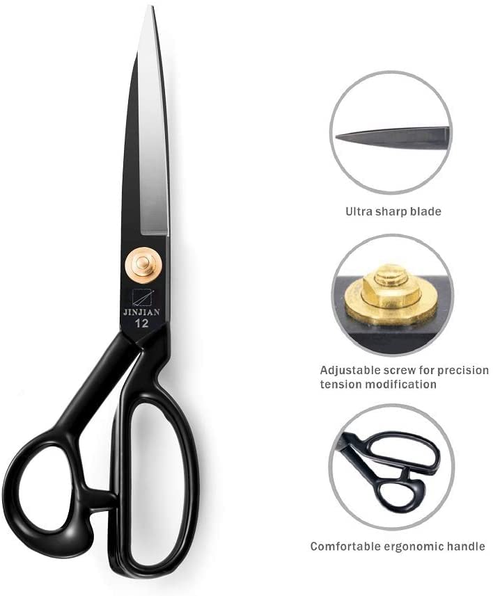 JINJIAN Sewing Scissors, 12 Inch Fabric Dressmaking Scissors Heavy Duty Shears Razor Sharp Cutting for Crafting, Tailoring, Thread Snips Included(Black, Right-Handed)