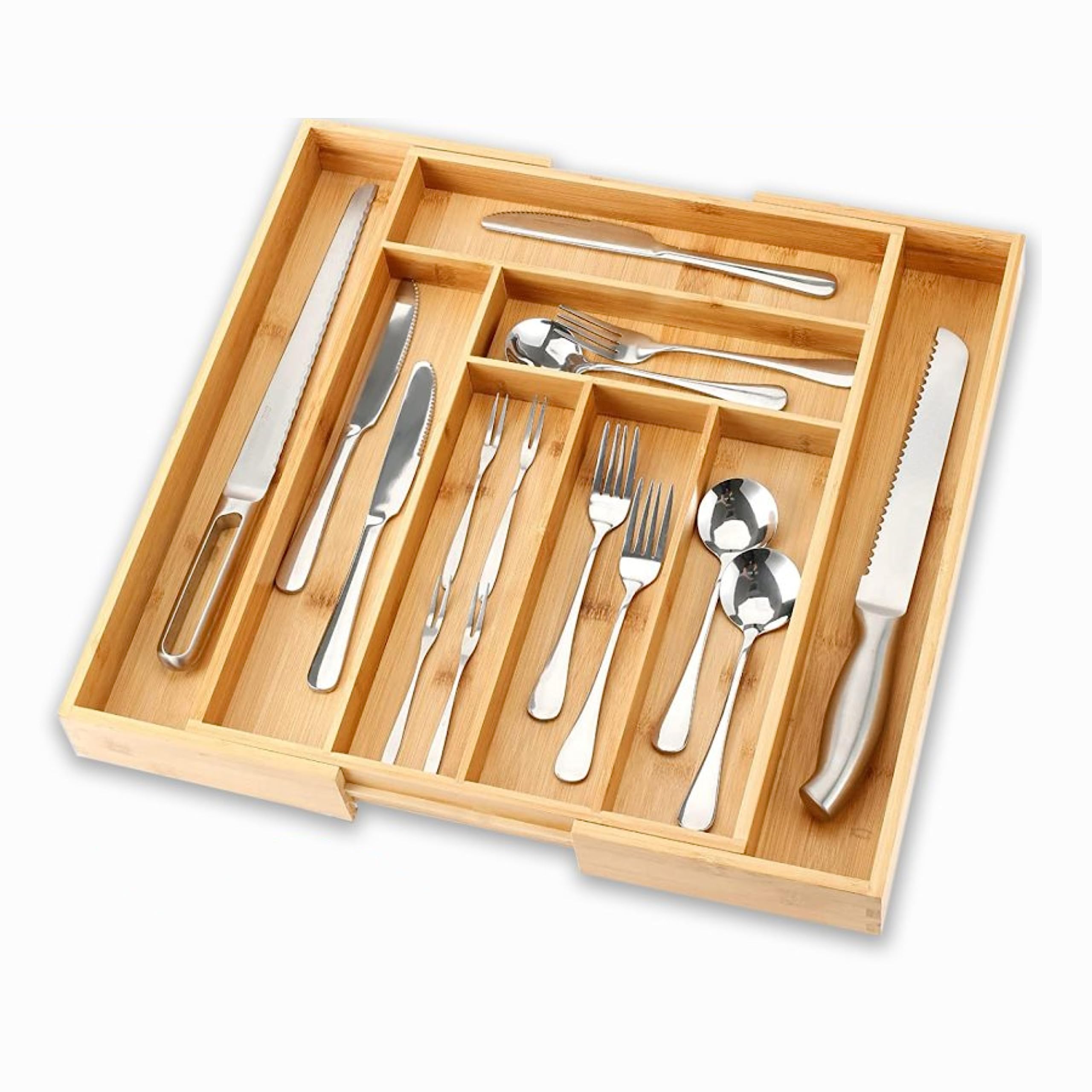 XYMiJiaLe Kitchen Drawer Organizer, Bamboo Drawer Organizer, silverware organizer, Kitchen Utensil Organizer, utensil organizer, flatware tray, expandable drawer organizer(6-8 slots)
