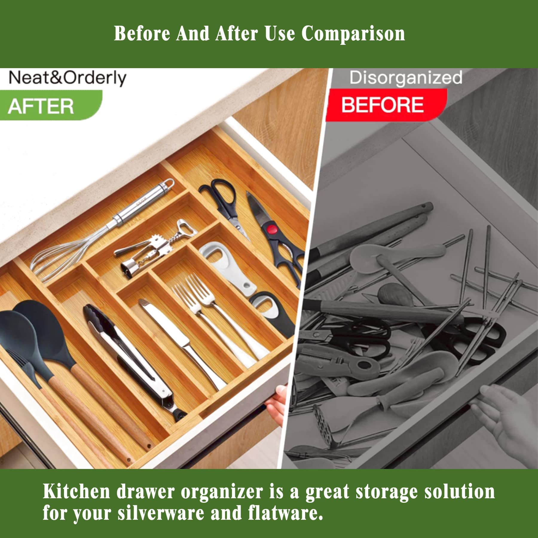 XYMiJiaLe Kitchen Drawer Organizer, Bamboo Drawer Organizer, silverware organizer, Kitchen Utensil Organizer, utensil organizer, flatware tray, expandable drawer organizer(6-8 slots)