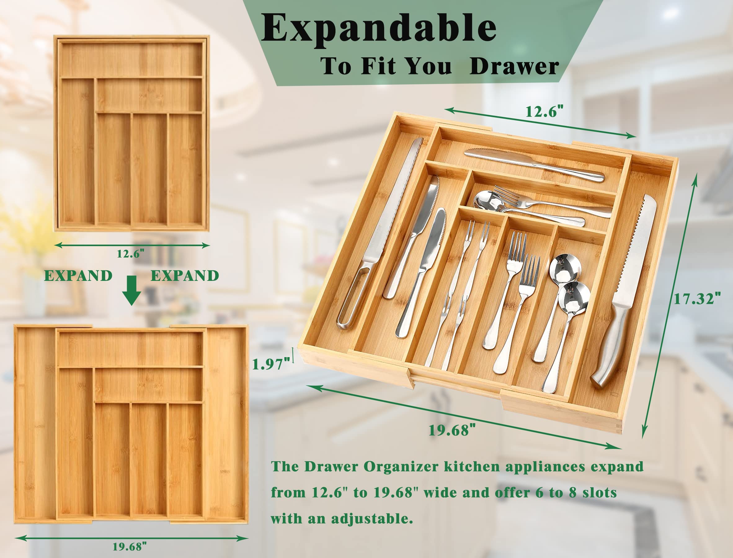 XYMiJiaLe Kitchen Drawer Organizer, Bamboo Drawer Organizer, silverware organizer, Kitchen Utensil Organizer, utensil organizer, flatware tray, expandable drawer organizer(6-8 slots)