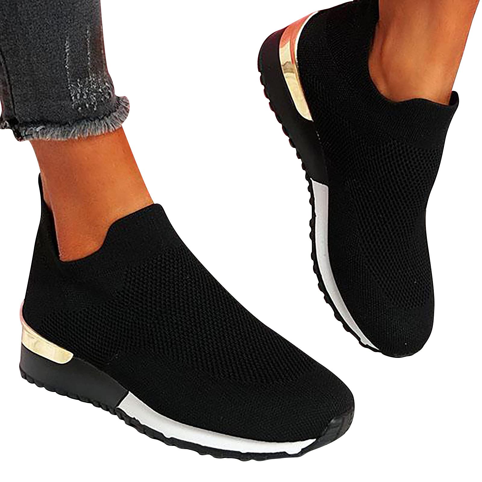 JIEMUXIU Women's Slip On Walking Shoes Stretch Knit Sneakers Breathable Athletic Tennis Walking Shoes Casual Breathable Athletic Tennis Slip on Sneakers Lightweight Travel Sneakers for Women A-Black