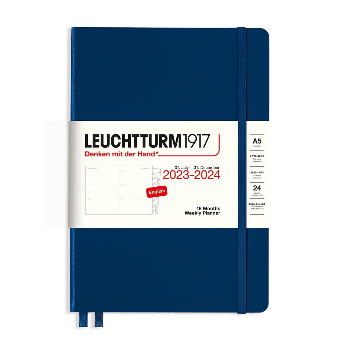 LEUCHTTURM1917 - Weekly Planner 18-month Hardcover Medium A5, Jul. 2023 - Dec. 2024, English, Hardcover, Navy