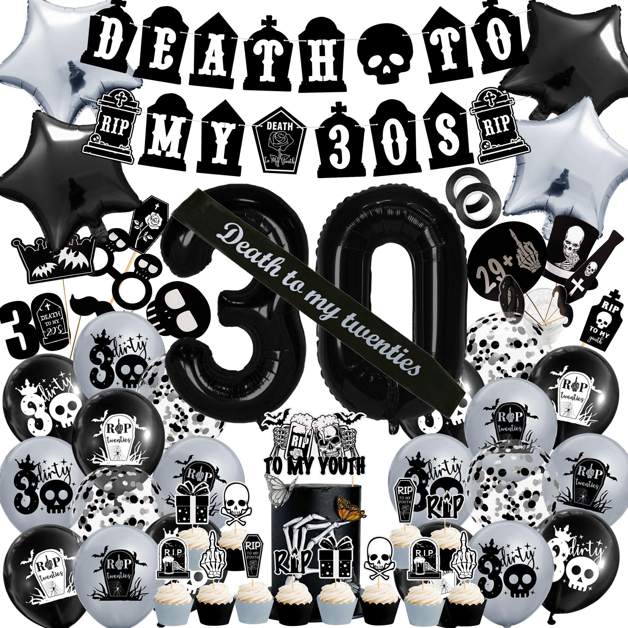 Death to My 20s Decoration, Black 30th Birthday Decoration, Funeral For My Youth Party Supplies with Banner, Rip to My 20s Sash, Photo Prop, 30th Balloon, Cake Topper, Funny Thirty Birthday Supplies