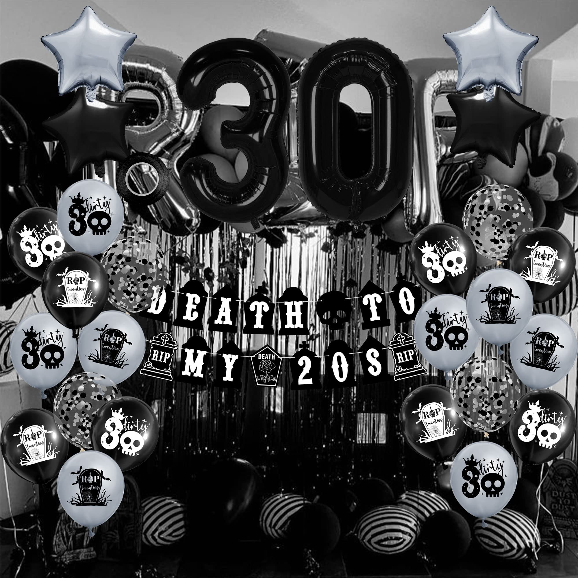 Death to My 20s Decoration, Black 30th Birthday Decoration, Funeral For My Youth Party Supplies with Banner, Rip to My 20s Sash, Photo Prop, 30th Balloon, Cake Topper, Funny Thirty Birthday Supplies