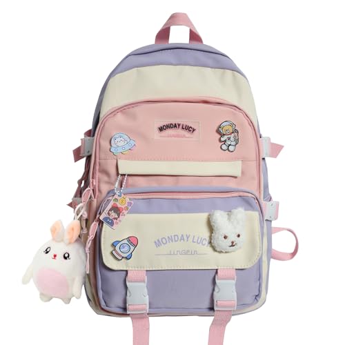 YJMKOI Kawaii Girl backpack with Cute Plush Doll Pendant Cute Elementary Schoolbag,Aesthetic Backpack for Teen Girls (Purple)