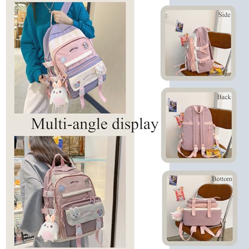 YJMKOI Kawaii Girl backpack with Cute Plush Doll Pendant Cute Elementary Schoolbag,Aesthetic Backpack for Teen Girls (Purple)