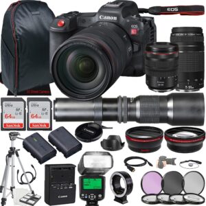 canon eos r5 c mirrorless cinema camera w/rf 24-105mm f/4 l is usm lens + ef 75-300mm f/4-5.6 iii lens + 500mm f/8 focus lens + 2x 64gb memory + filters + ttl flash + more (35pc bundle)