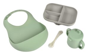 beaba the essentials silicone meal set of 4, 100% silicone baby plate set - dishwasher safe, soft, unbreakable - includes siicone plate, sippy cup, bib and spoon, grey/sage
