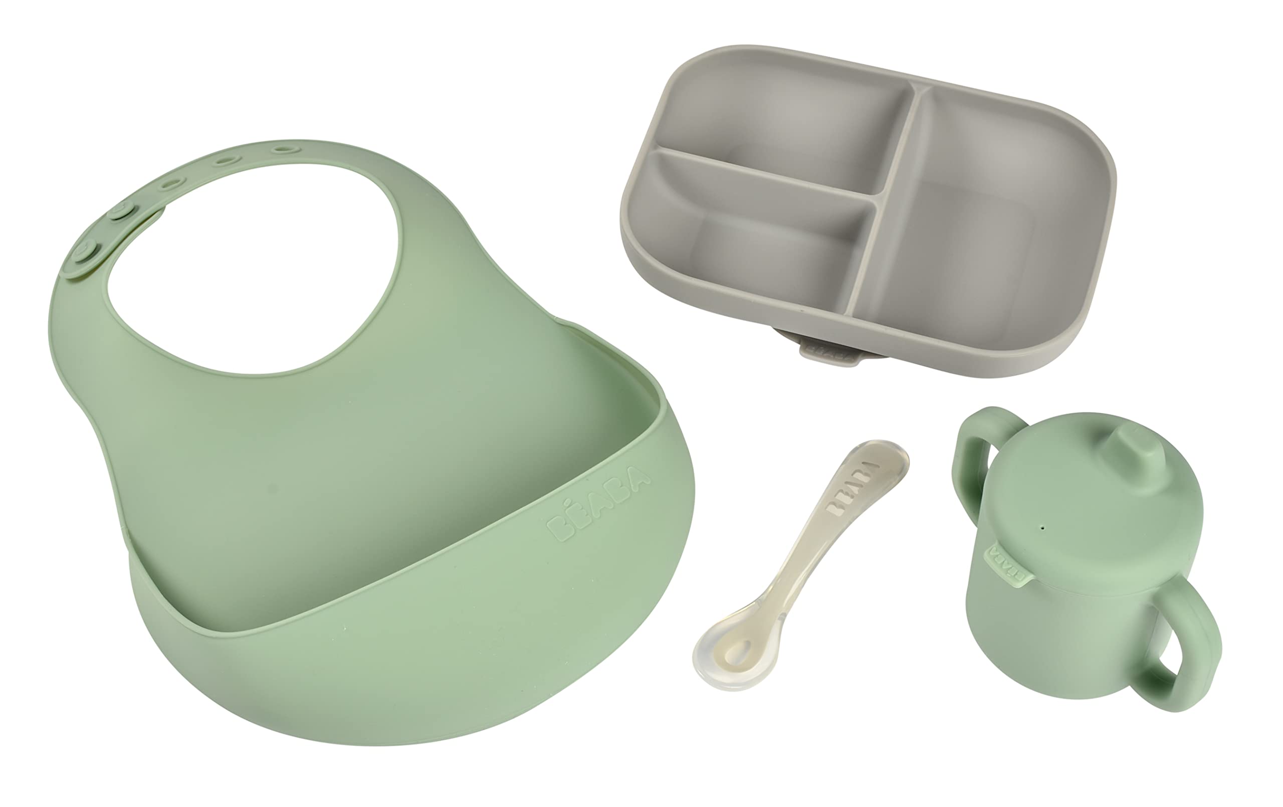 BEABA The Essentials Silicone Meal Set of 4, 100% Silicone Baby Plate Set - Dishwasher Safe, Soft, Unbreakable - Includes Siicone Plate, Sippy Cup, Bib and Spoon, Grey/Sage