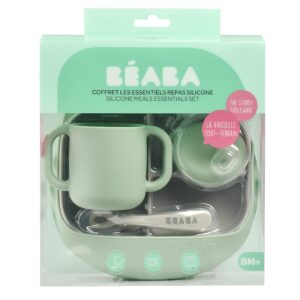 BEABA The Essentials Silicone Meal Set of 4, 100% Silicone Baby Plate Set - Dishwasher Safe, Soft, Unbreakable - Includes Siicone Plate, Sippy Cup, Bib and Spoon, Grey/Sage