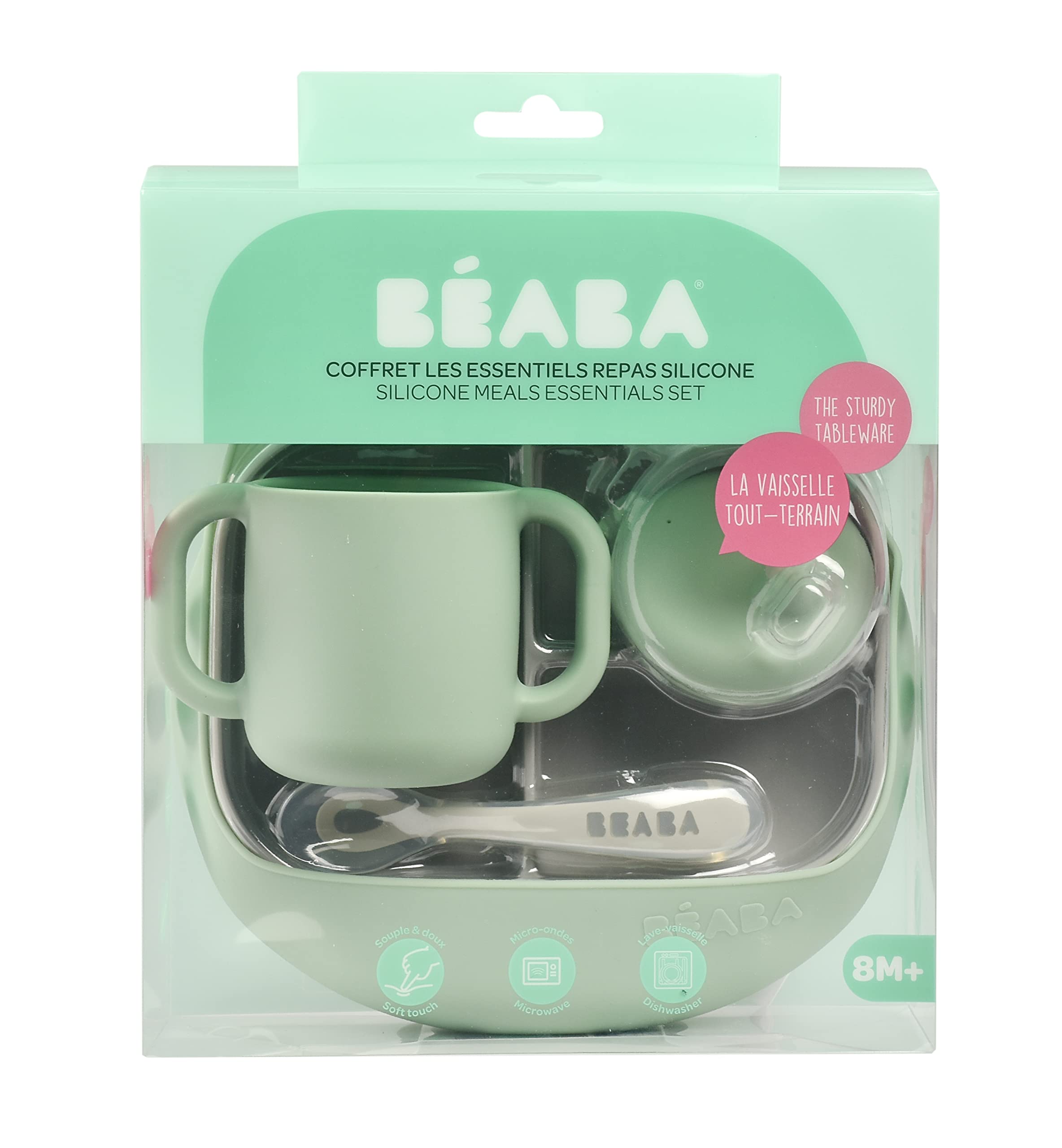 BEABA The Essentials Silicone Meal Set of 4, 100% Silicone Baby Plate Set - Dishwasher Safe, Soft, Unbreakable - Includes Siicone Plate, Sippy Cup, Bib and Spoon, Grey/Sage