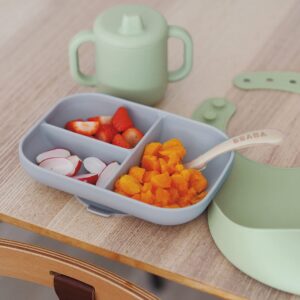BEABA The Essentials Silicone Meal Set of 4, 100% Silicone Baby Plate Set - Dishwasher Safe, Soft, Unbreakable - Includes Siicone Plate, Sippy Cup, Bib and Spoon, Grey/Sage