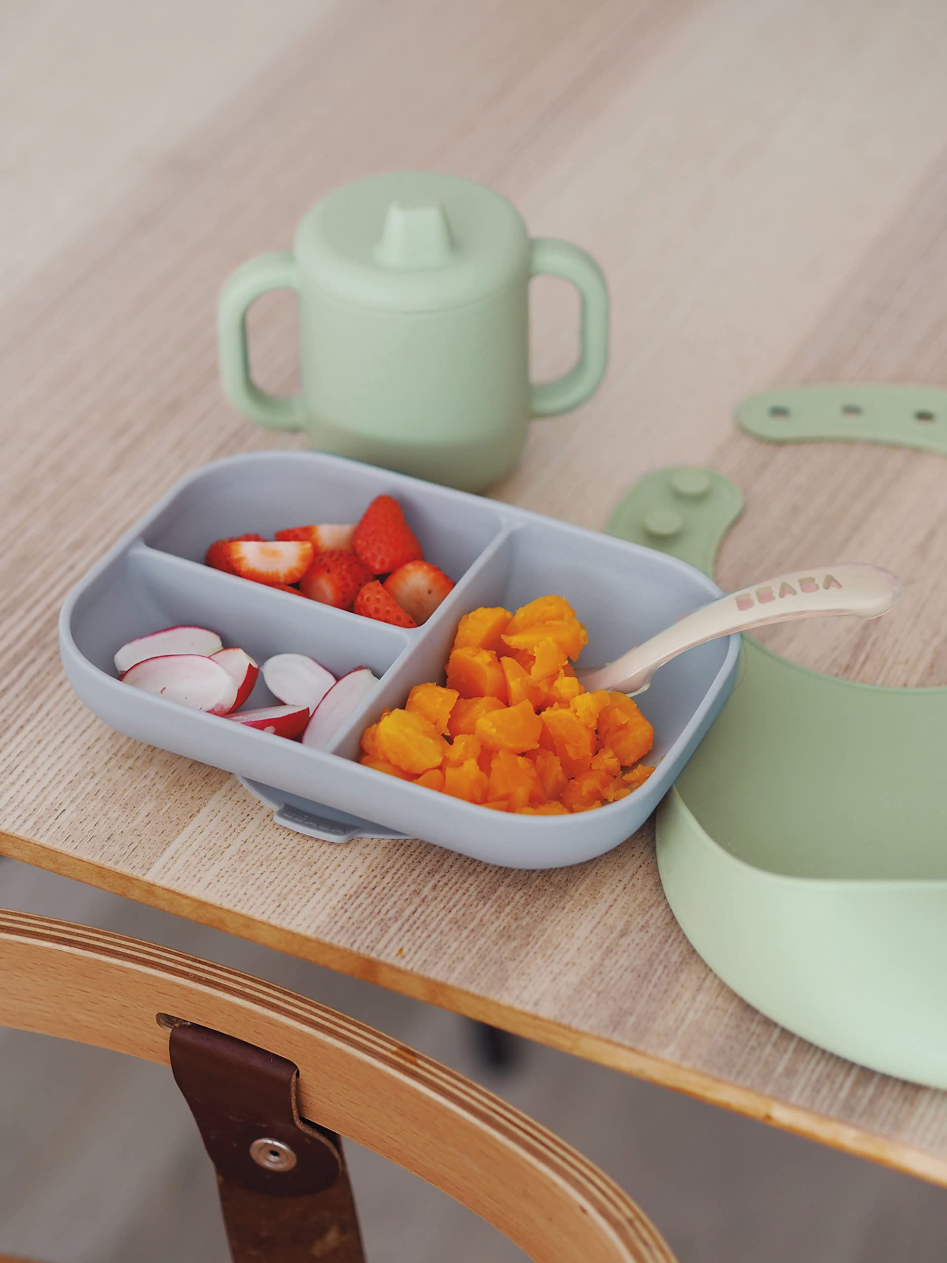 BEABA The Essentials Silicone Meal Set of 4, 100% Silicone Baby Plate Set - Dishwasher Safe, Soft, Unbreakable - Includes Siicone Plate, Sippy Cup, Bib and Spoon, Grey/Sage