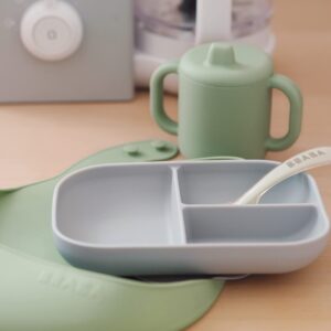 BEABA The Essentials Silicone Meal Set of 4, 100% Silicone Baby Plate Set - Dishwasher Safe, Soft, Unbreakable - Includes Siicone Plate, Sippy Cup, Bib and Spoon, Grey/Sage