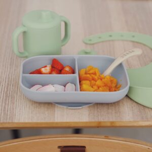 BEABA The Essentials Silicone Meal Set of 4, 100% Silicone Baby Plate Set - Dishwasher Safe, Soft, Unbreakable - Includes Siicone Plate, Sippy Cup, Bib and Spoon, Grey/Sage