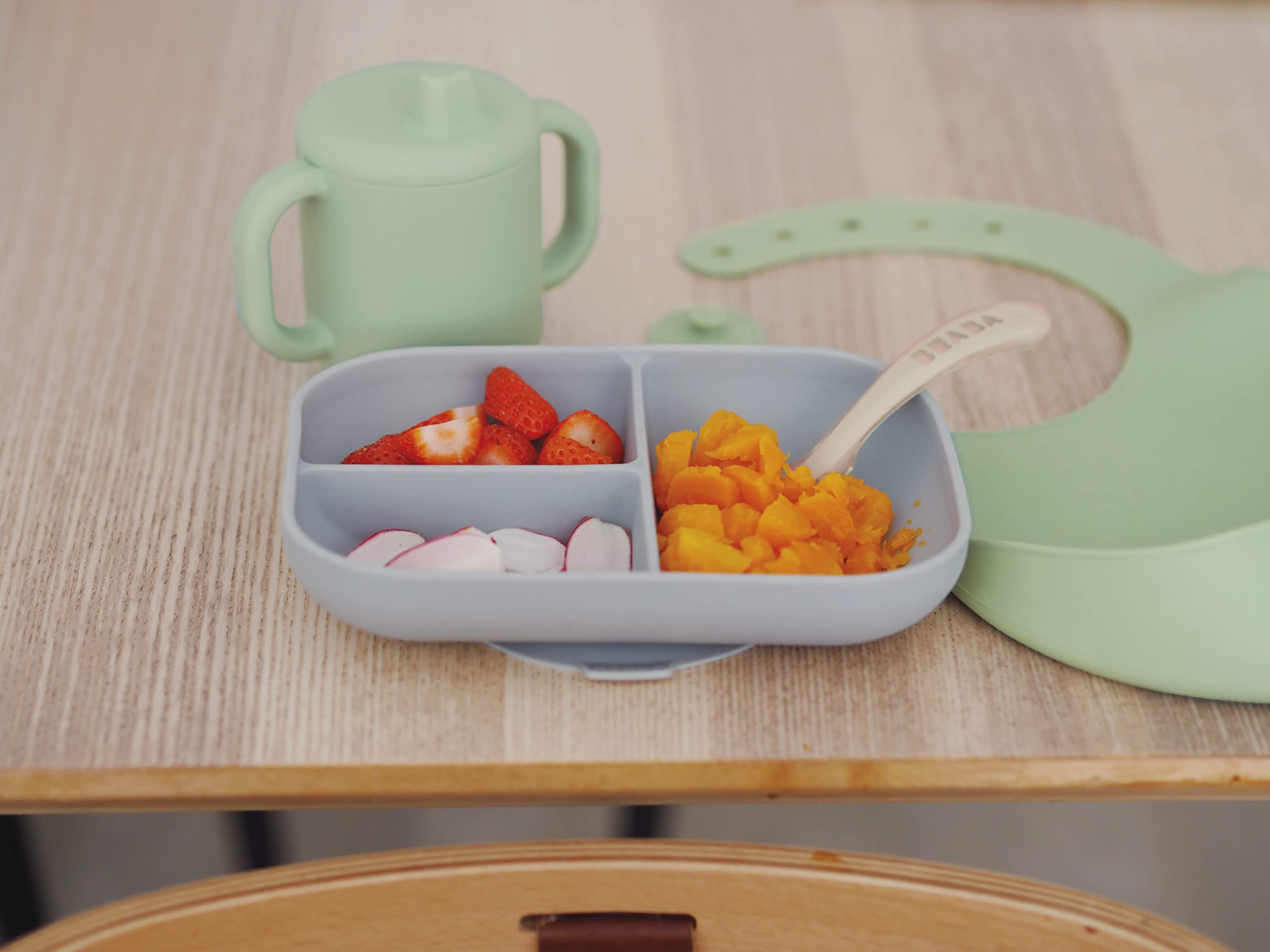 BEABA The Essentials Silicone Meal Set of 4, 100% Silicone Baby Plate Set - Dishwasher Safe, Soft, Unbreakable - Includes Siicone Plate, Sippy Cup, Bib and Spoon, Grey/Sage