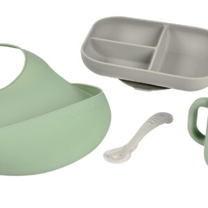 BEABA The Essentials Silicone Meal Set of 4, 100% Silicone Baby Plate Set - Dishwasher Safe, Soft, Unbreakable - Includes Siicone Plate, Sippy Cup, Bib and Spoon, Grey/Sage