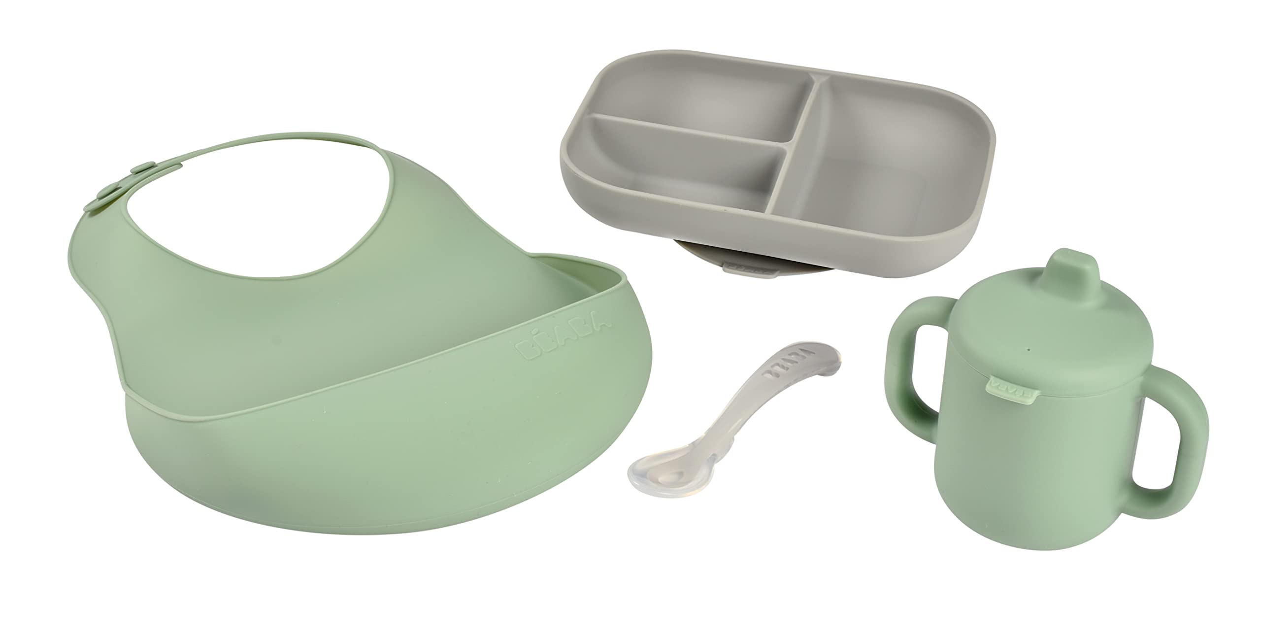 BEABA The Essentials Silicone Meal Set of 4, 100% Silicone Baby Plate Set - Dishwasher Safe, Soft, Unbreakable - Includes Siicone Plate, Sippy Cup, Bib and Spoon, Grey/Sage