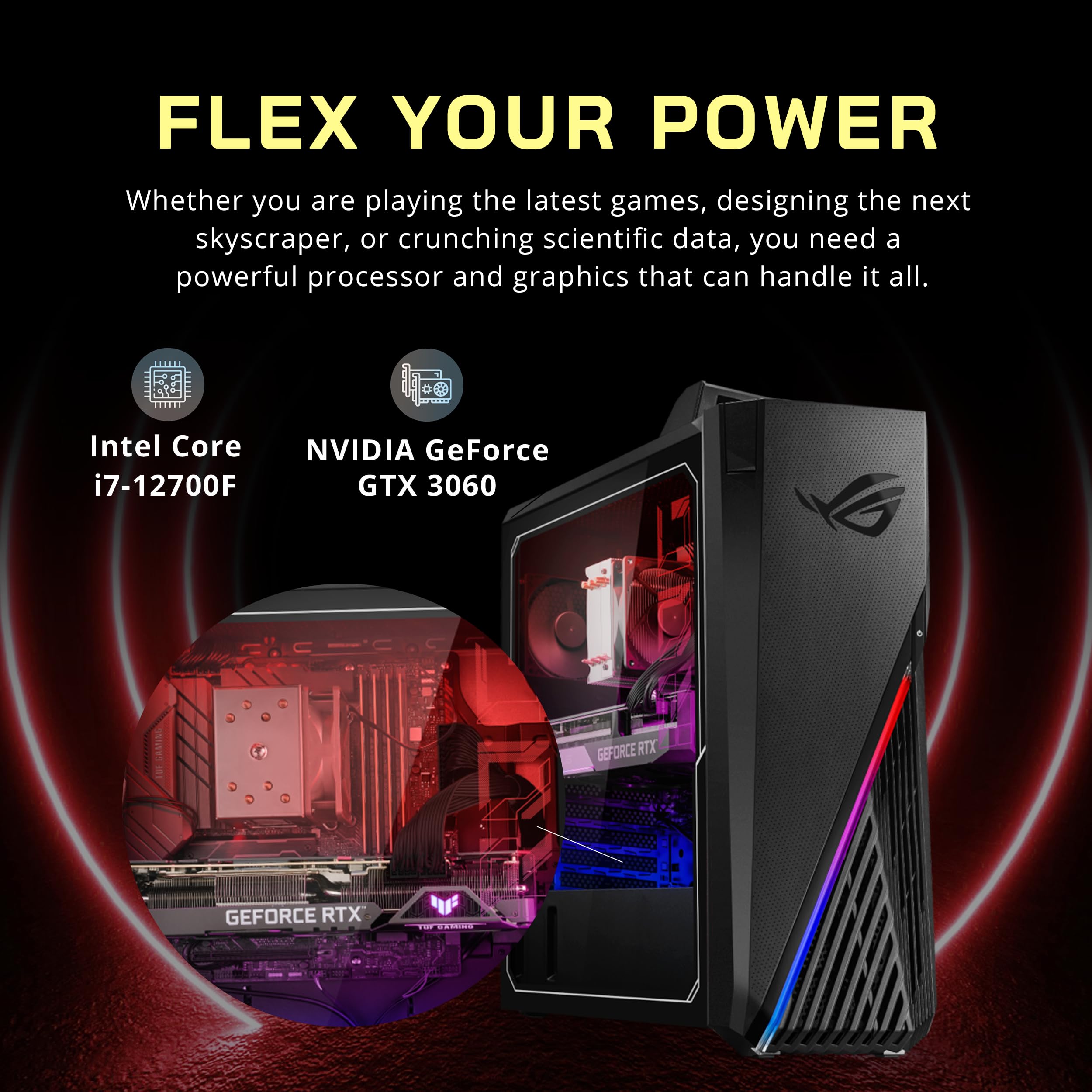 Asus 2022 ROG Gaming Desktop, Intel Core i7-12700F Processor, 32GB DDR4 RAM, 1TB PCIe SSD + 1TB HDD, NVIDIA GeForce RTX 3060 12G DDR6, Win 11 Pro, Black, 32GB Snowbell USB Card