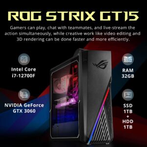 Asus 2022 ROG Gaming Desktop, Intel Core i7-12700F Processor, 32GB DDR4 RAM, 1TB PCIe SSD + 1TB HDD, NVIDIA GeForce RTX 3060 12G DDR6, Win 11 Pro, Black, 32GB Snowbell USB Card