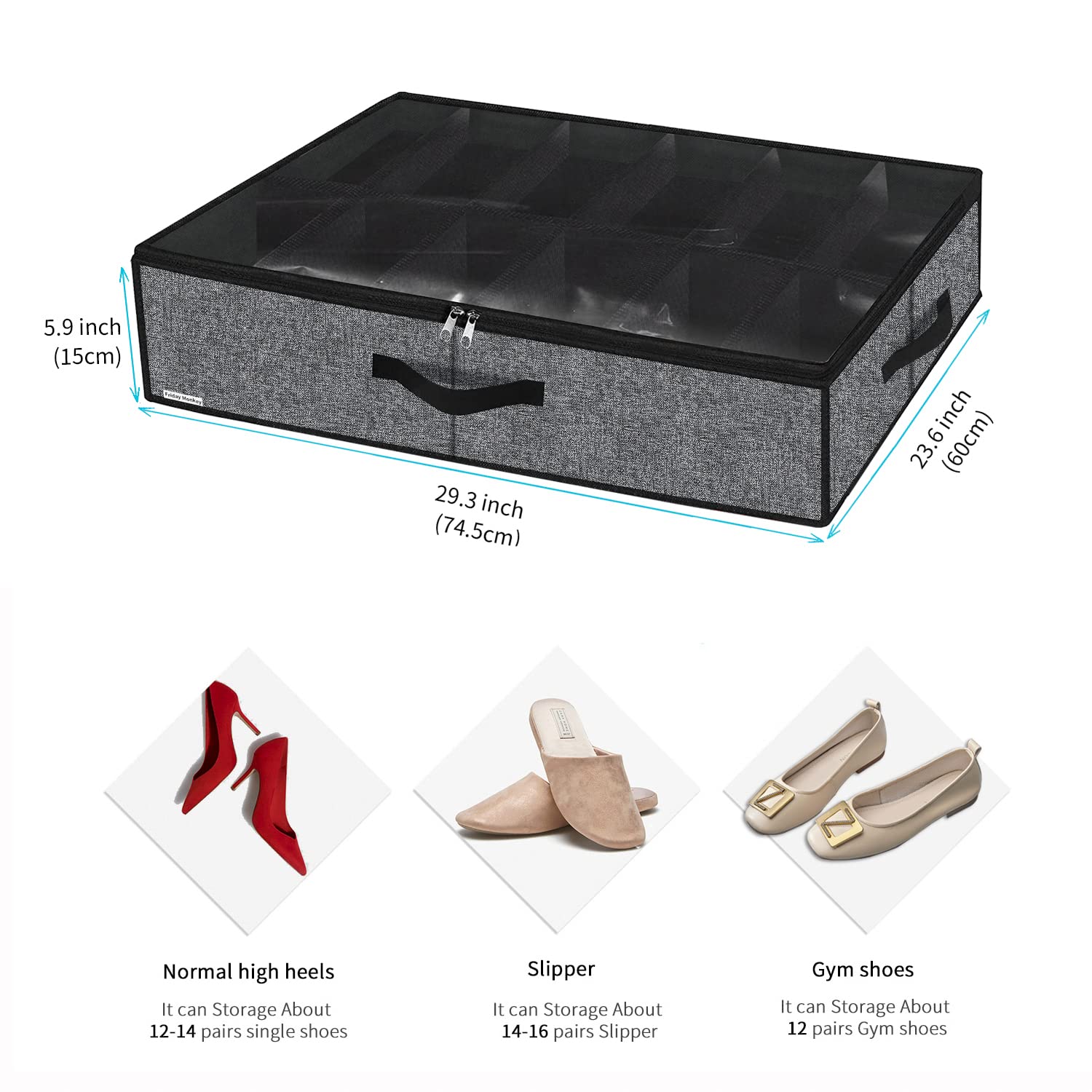 Friday Monkey Sturdy Under Bed Shoe Storage Organizers 2 Pack, Fit Total 24 Pairs, Large Underbed Closet Shoes Box Container Bag with Clear Cover, Breathable, 29.3x23.6x5.9 inches, Black, ZMBCUBSB2P