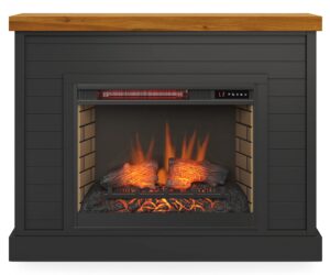 bridgevine home washington modern farmhouse electric fireplace with mantel, 48 inches, poplar and knotty alder solid wood, black and whiskey finish