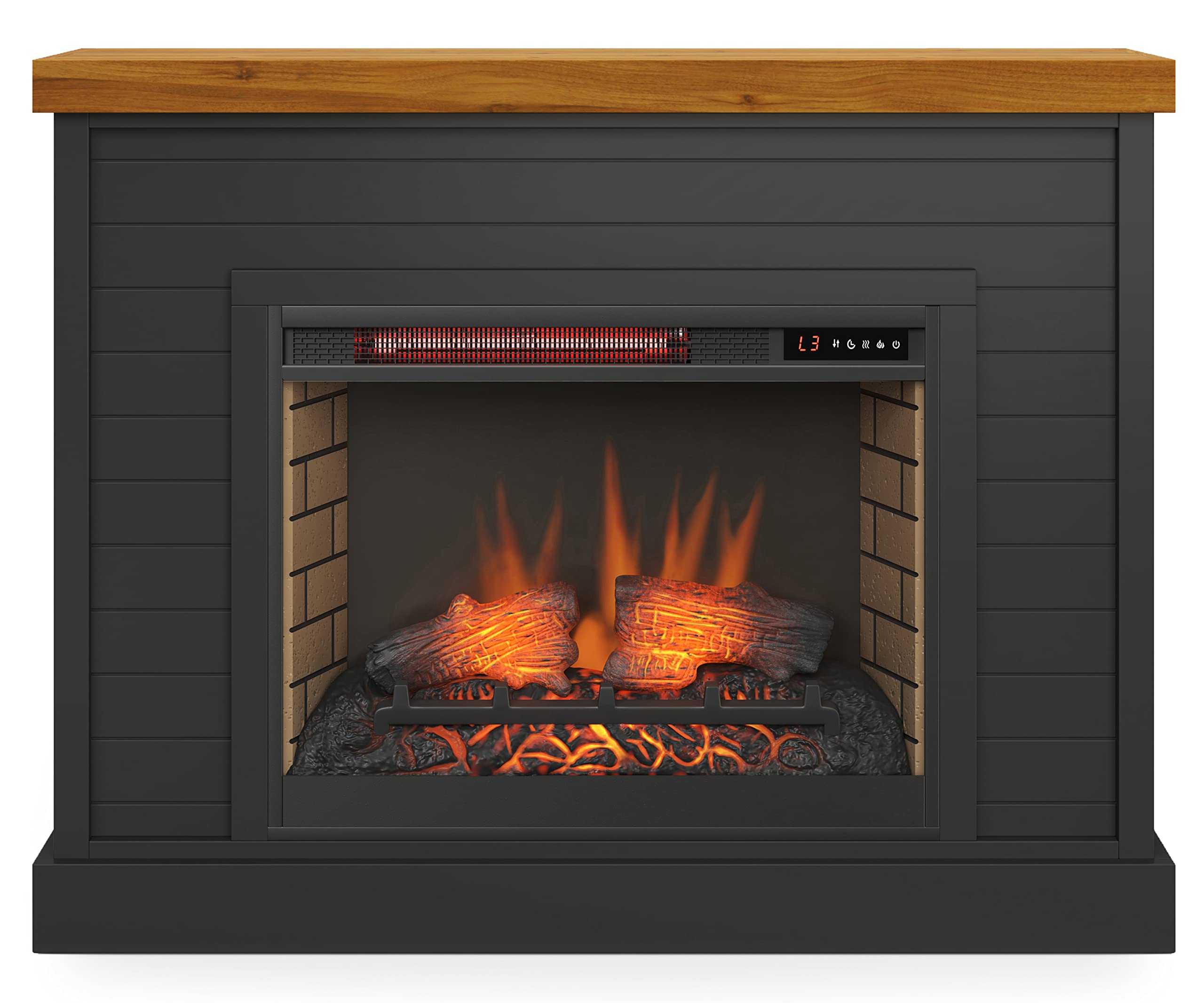 Bridgevine Home Washington Modern Farmhouse Electric Fireplace with Mantel, 48 inches, Poplar and Knotty Alder Solid Wood, Black and Whiskey Finish