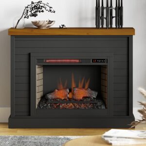 Bridgevine Home Washington Modern Farmhouse Electric Fireplace with Mantel, 48 inches, Poplar and Knotty Alder Solid Wood, Black and Whiskey Finish