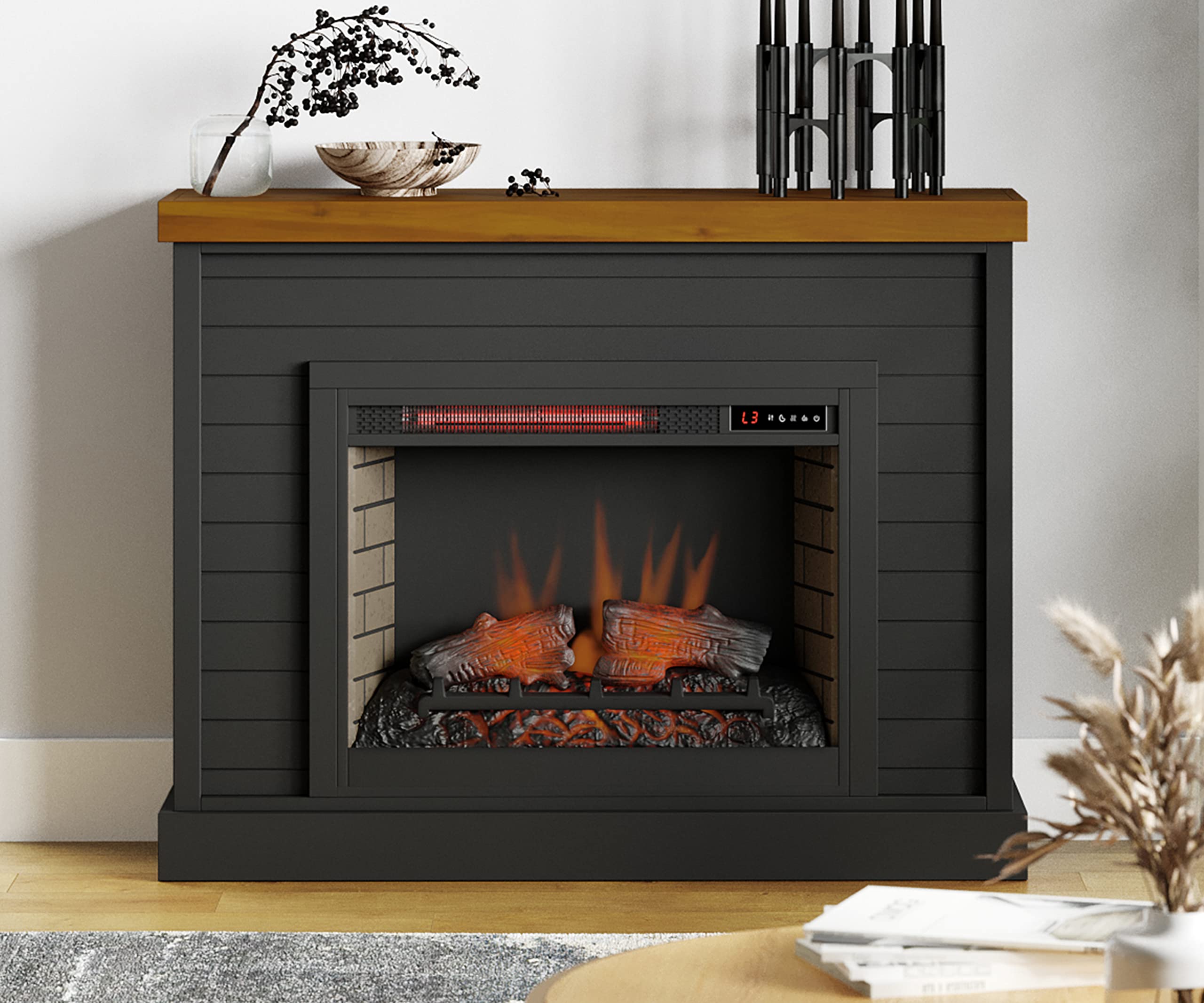 Bridgevine Home Washington Modern Farmhouse Electric Fireplace with Mantel, 48 inches, Poplar and Knotty Alder Solid Wood, Black and Whiskey Finish